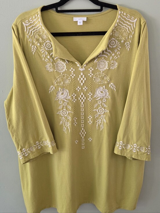 J. Jill Tops - J. Jill Chartreuse Green Embroidered Tunic Top Blouse Size XL Boho Linen Knit